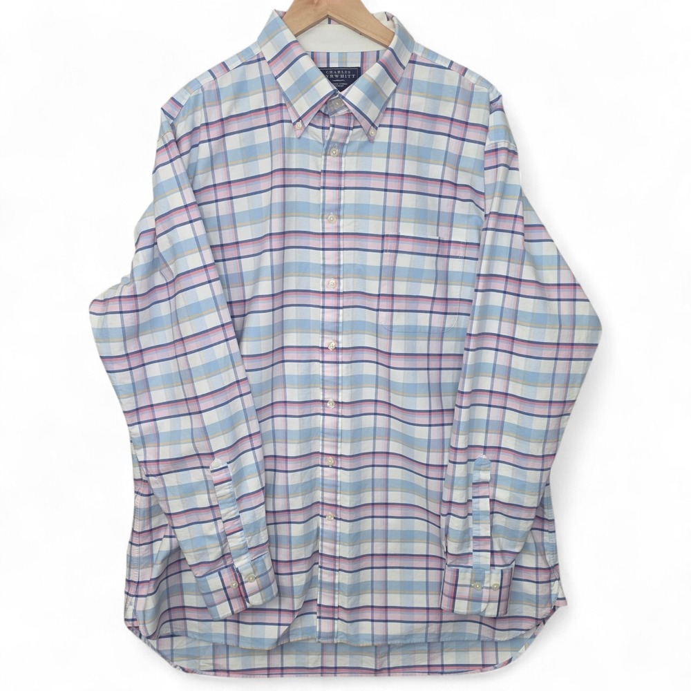 Charles Tyrwhitt Shirt Mens XXL Blue Purple Plaid Button Down Oxford Weave